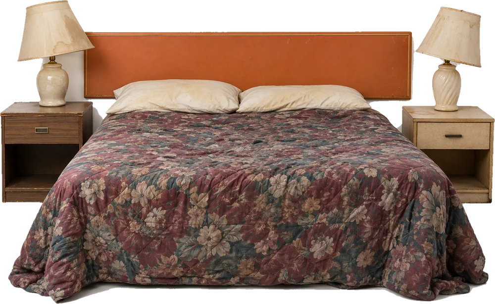 A dated motel bed with a faded floral bedspread, stained pillows and mismatched nightstands